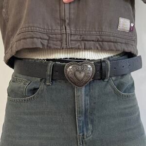 retro black engraved cowboy boho belt with silver heart buckle